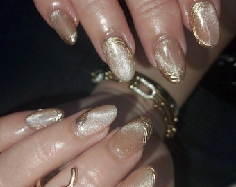 Premium Press On Nails: Custom Salon Quality, Handpainted, Trendy, Press Ons, Fake Nails, Chrome, Gold Cat Eye, Pretty, Beautiful