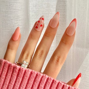 Valentine - Mixed Nails French Tip - Press On Nails - 10 Pcs  - Heart Nails - Pink Nails - Round Nails - Valentines Day - Summer Nails