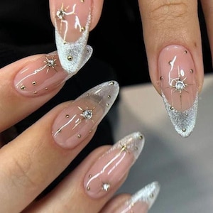 Premium Press On Nails: Custom Salon Quality, Handpainted, Trendy, Press Ons, Fake Nails, Chrome, Silver Cat Eye, Celestial Stars