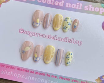 Press On Nails, Reusable , Fruit , Short Almond , French Tip , Y2K , Fruit, Cute, Summer Lemon Vacation, Blue, Acrylic