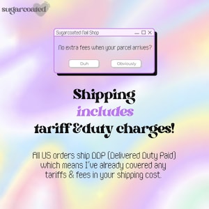 The image is a promotional graphic for a nail shop that offers shipping services with no extra fees when the parcel arrives. It includes a message asking whether the user would like to ship their order, and a description of the shipping process.