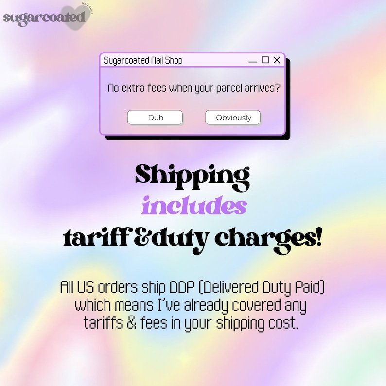 The image is a promotional graphic for a nail shop that offers shipping services with no extra fees when the parcel arrives. It includes a message asking whether the user would like to ship their order, and a description of the shipping process.