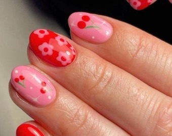 Premium Press On Nails: Custom Salon Quality, Handpainted, Trendy, Press Ons, Cute Summer Nails, Pink Red, Fun Mix Match, Flowers