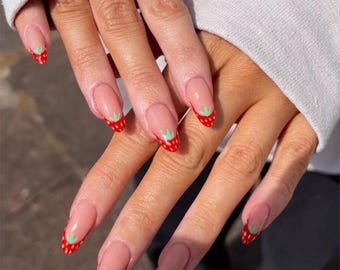 Premium Press On Nails: Custom Salon Quality, Handpainted, Trendy, Press Ons, Cute Summer Nails, Strawberry French, Cute Kawaii, Red