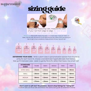 The image is a guide that provides information on how to determine the sizes of nails using a soft measuring ruler. It includes a diagram with the sizes of nails labeled and instructions on how to use the ruler to measure the width of the nails.