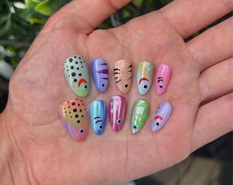 Premium Press On Nails: Custom Salon Quality, Handpainted, Trendy, Press Ons, Cute Summer Nails, Sardine, Fishing, Fish, Cat Eye