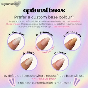The image is a collage of five different nail polish colors, each corresponding to a different base color: coconut, seamless, cinnamon, shell, and petal.