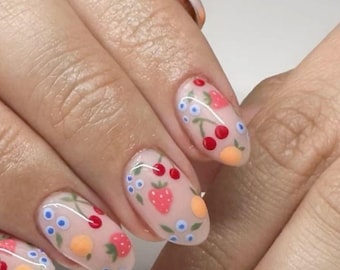 Press On Nails, Reusable , Fruit , Short Almond , French Tip , Y2K , Strawberry Blueberry, Artificial , Acrylic