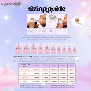 The image is a guide that provides information on how to determine the sizes of nails using a soft measuring ruler. It includes a diagram with the sizes of nails labeled and instructions on how to use the ruler to measure the width of the nails.