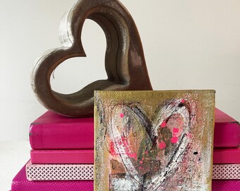 Mini Heart Painting | Pink & Gold Mixed Media Art (10x10 cm)