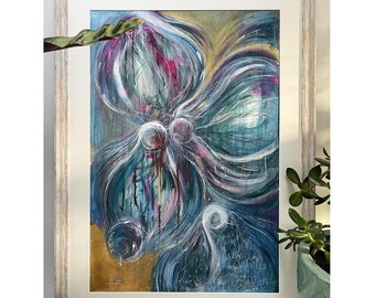 Colourful Abstract Floral Print |  Hand-Finished Art | Large Wall Decor | Bedroom, Living Room Interior