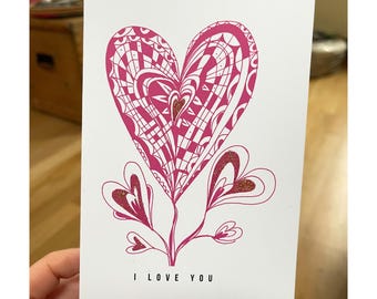 Personalised Love Heart Card • Pink Blue Heart Pattern • Hand-Finished Glitter/Gold-Leaf • Anniversary, Wedding, Valentines