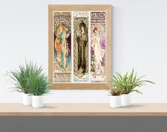 Alphonse Mucha, vintage Printable Wall Art, Sarah Bernhardt, affiche 3 en un, Téléchargement numérique pdf