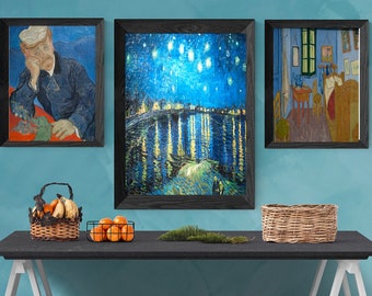 Ensemble de 3, Vincent Van Gogh, vintage Printable Wall Art, Nuit étoilée sur le Rhône 1888, Le Docteur Gachet 1890, Chambre à Arles. 1889