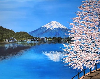 Mt. Fuji Acrylic Painting: Japanese Cherry Blossom Landscape Art