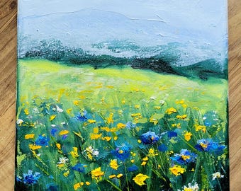Original Oil Painting: Blue and Yellow Field Flowers Landscape on Canvas 8x10