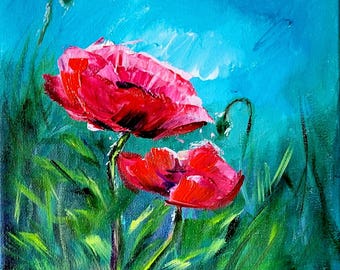 Red Poppy Original Oil Painting: Floral Art on Canvas (8x8 in)