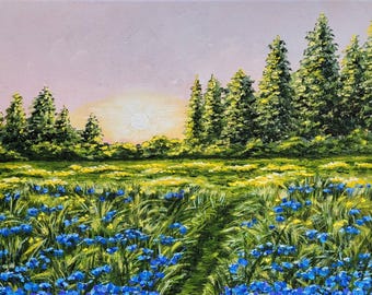 Original Oil Painting: Sunset Flower Field Landscape Canvas Art (12x16)