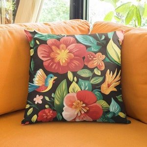 Floral Fiesta Square Pillow, Colorful Sofa Cushion, Vibrant Flowers Decorative Pillow, Black Background Throw Pillow, Home Accent Pillow