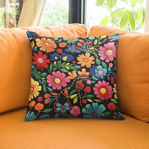 Colorful Mexican Floral Embroidered &quot;look&quot; Square Pillow, Boho Home Decor Accent Cushion, Fiesta Throw Pillow, Colorful sofa pillow