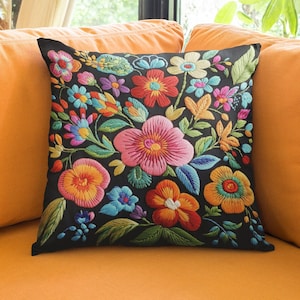 Mexican Embroidered &quot;appearance&quot; Pillow, Home Decor Accent, Floral Design Cushion, Square Throw Pillow, Boho Chic Pillow Cover