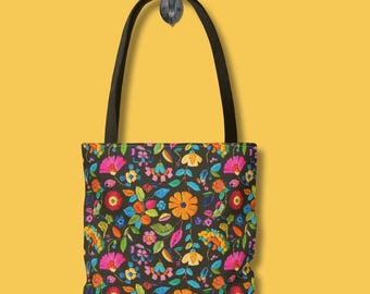 Floral Embroidered Print Tote Bag, Flower Pattern Canvas Handbag, Botanical Embroidery Shopping Bag, Boho Chic Shoulder Purse, Floral totee