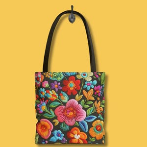 Mexican Colorful Vibrant Flower Tote, Floral Handbag, Ethnic Market Bag, Boho Shoulder tote, Shopping Tote, Beach Bag, Book Bag, Cultured