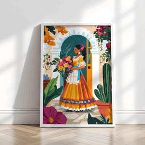 Poster Print of a Colorful Women Art in Archway Wall Decor, Ethnic Home Decoration, Vertical Tapestry, Unique Room Accent, Mexican Art
