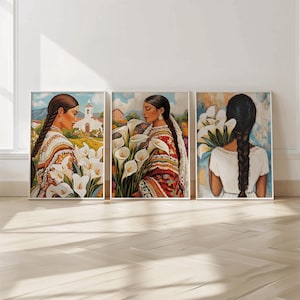 Set of 3 Digital Prints of Latina Women with Flowers – Traditional Art with Old Village Town Background for Cultural Wall Decor, Mexican Art