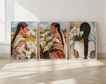 Set of 3 Digital Prints of Latina Women with Flowers – Traditional Art with Old Village Town Background for Cultural Wall Decor, Mexican Art