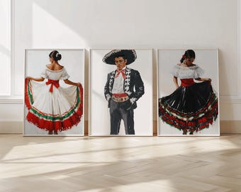 Mexican Folklorico Dancer & Mariachi Digital Print Set – Trio of Vibrant Art Prints for Cultural Home Decor, Mexican wall art, Digital Art