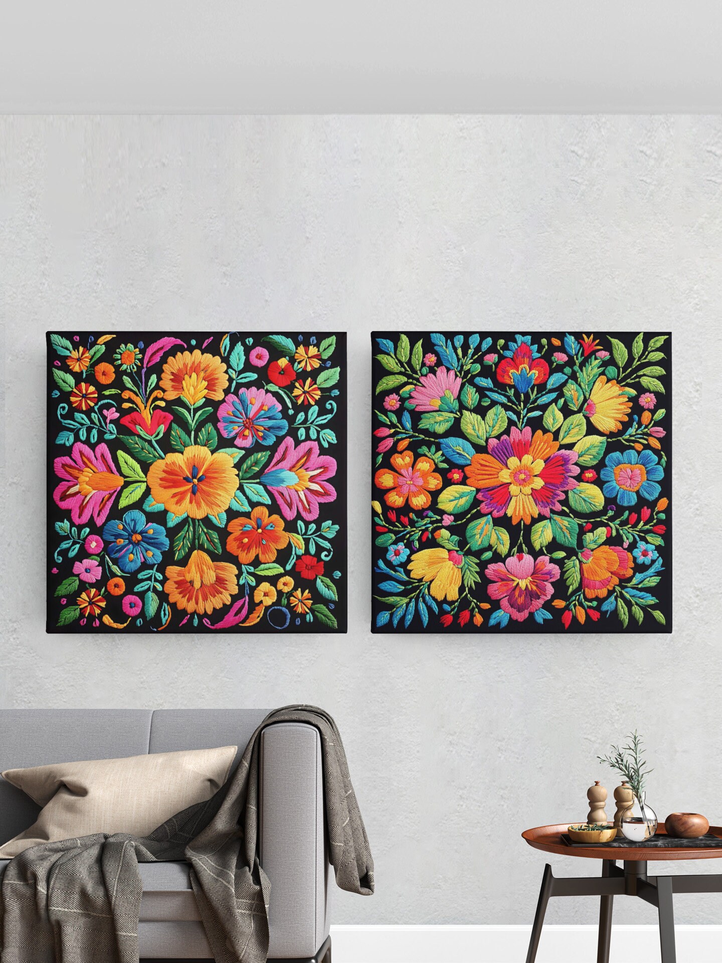 Set of 4 Mexican Floral Digital Wall Art Prints, Unique Embroidered ...