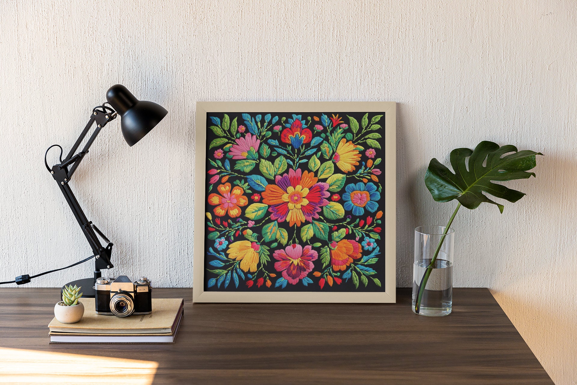 Mexican Floral Digital Wall Art Print With Embroidered Look, Colorful ...