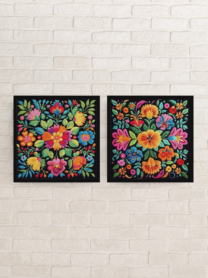 Set of 4 Mexican Floral Digital Wall Art Prints, Unique Embroidered ...