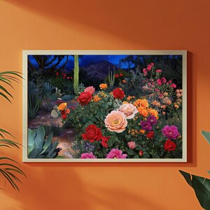 Nächtliche Wüstenblumen Digitale Wandkunst - Blumendruck für Wohnkultur, Nachtzeit Wüstenblüte Wandkunst, bunte druckbare Wandkunst