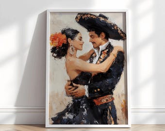 Mexican Couple Dancing Digital Oil Painting, Romantic Mariachi Outfit Art, Beautiful Cultural Wall Decor,  Romantic Couple, Mexican wall Art