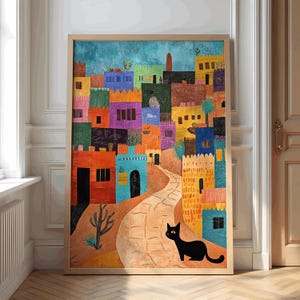 Vibrant Digital Painting of a Colorful Mexican Town, Black Cat, Art Print Inspired by Mexico’s Architecture & Feline Charm, Mexican Wall Art