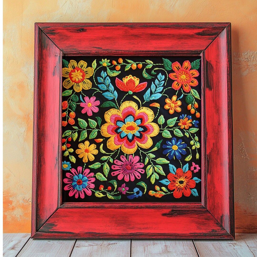 Mexican Floral Digital Wall Art Print With Embroidered Look, Colorful ...