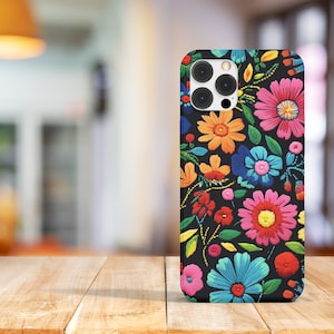 Floral Embroidered look Tough Phone Case, Colorful Mexican Flowers, Hard Protective Cover, Floral Design, Embroidery Look Phone Case