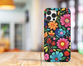 Floral gestickte Handyhülle, Robuste Handyhülle, Bunte Mexikanische Blumen, Harte Schutzhülle, Blumenmuster, Stickereioptik Handyhülle