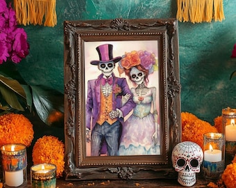 Dia de los Muertos Couple Wall Art, Sugar Skull Lovers Digital Print, Day of the Dead Calavera Decor, Mexican Folk Art, Printable Skeletons