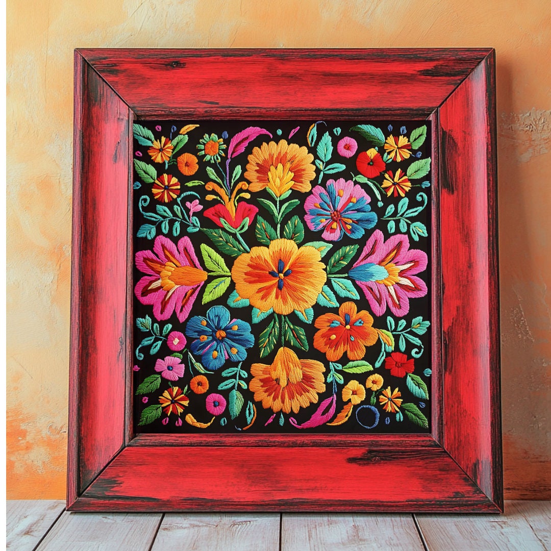Mexican Floral Digital Wall Art Print With Embroidered Look, Colorful ...