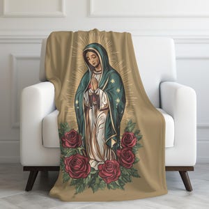 Our Lady of Guadalupe Blanket, Virgin Mary Religious Throw, Catholic Church Gift, Velveteen Plush Prayer Shawl, Spiritual Home Decor,