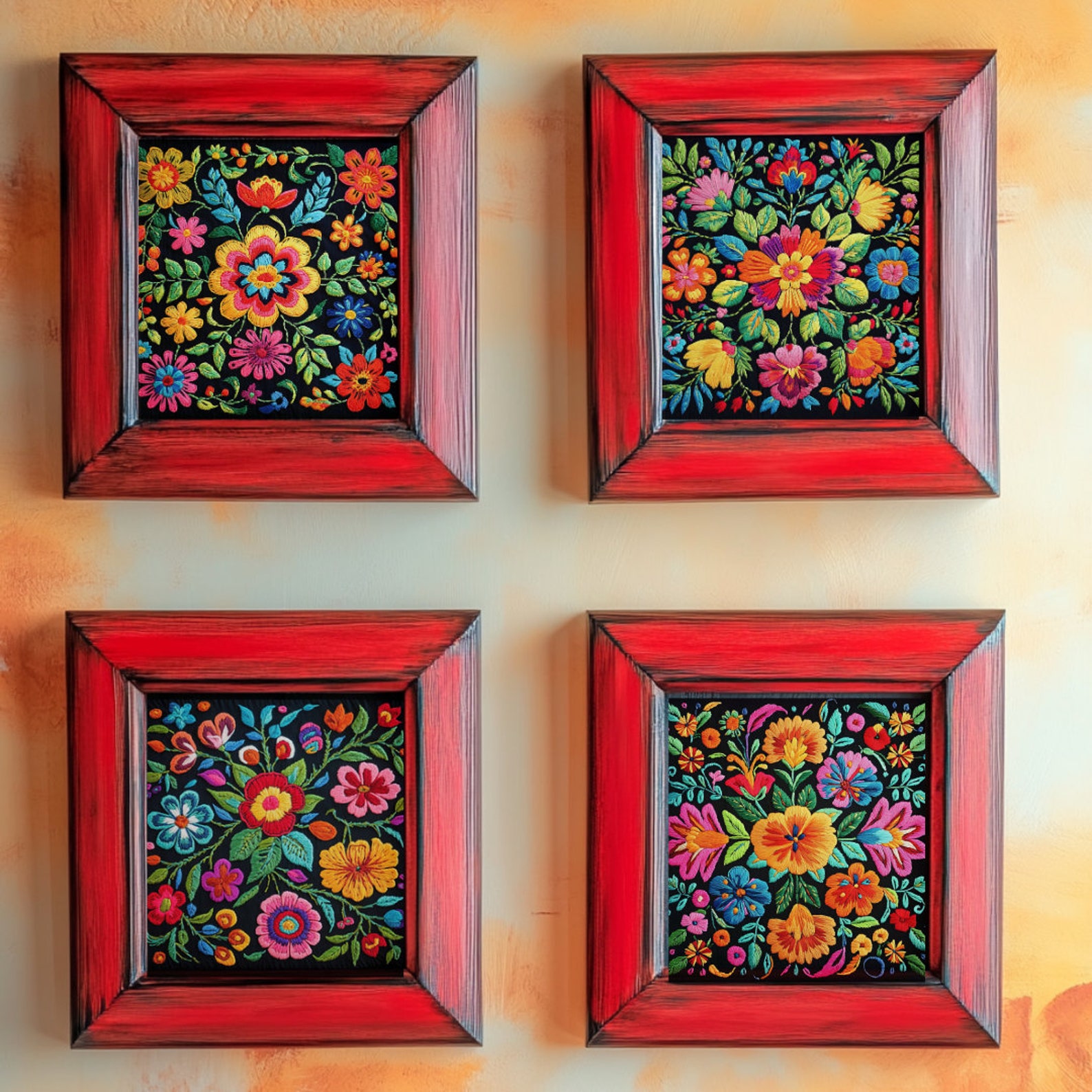 Set of 4 Mexican Floral Digital Wall Art Prints, Unique Embroidered ...