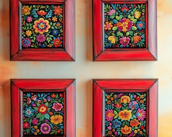 May include: Four framed floral embroidery artworks. Each piece features a vibrant, colorful flower arrangement on a black background, set within a distressed red wooden frame. The embroidery showcases a variety of flowers in shades of yellow, pink, blue, and orange.