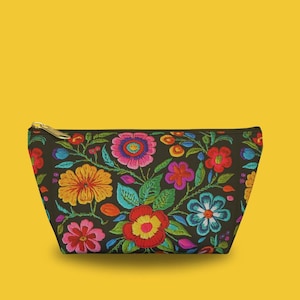 Colorful Mexican Floral Embroidered "Appearance" Looking Accessory Pouch with T-bottom, Mexican Florals,  Travel Accessory Bag.