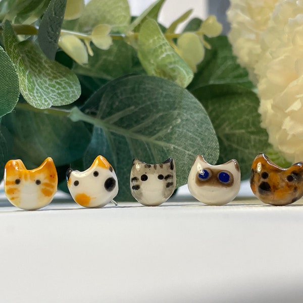 Tiny Cat Stud Earrings, Hypoallergenic Porcelain Feeling Jewelry, Custom Cat Stud Earrings, Cat Lovers Gift