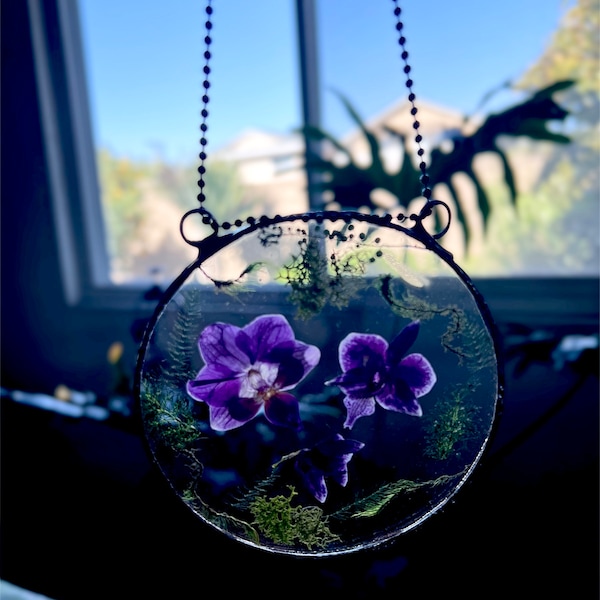 Pressed Orchids, Purple Orchid necklace, Queen Anne, Fern, terrarium, dark academia décor, Cottage core, Lead-free, mothers day