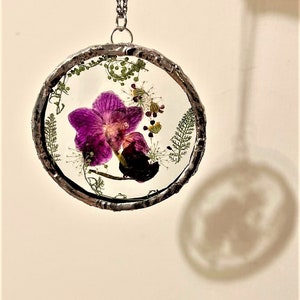 Pressed Purple Orchid necklace, Queen Anne, Fern ~ stained glass, plant terrarium, dark academia décor, Cottage core, Lead free, mothers day