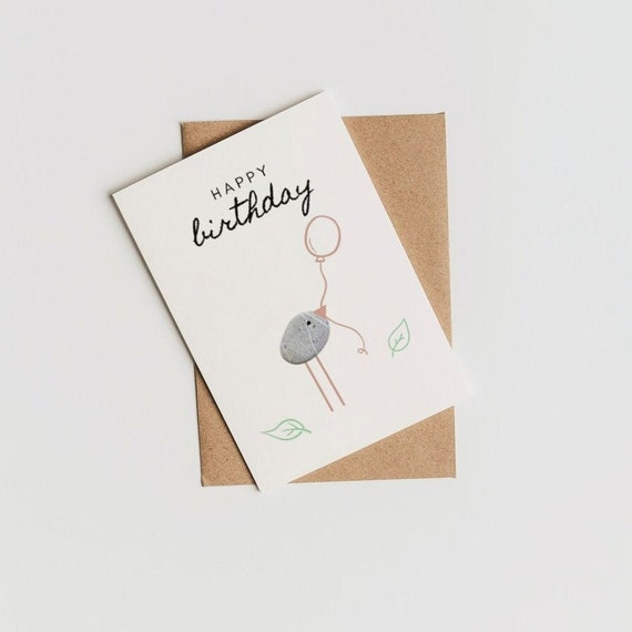 Pebble Bird with balloon birthday card, personalised send direct option